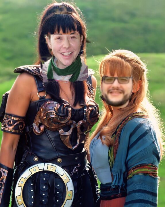 A fair skin toned Xena and a swarthy Gabrielle embrace outside of a stock green background. Both of their bangs look really good.