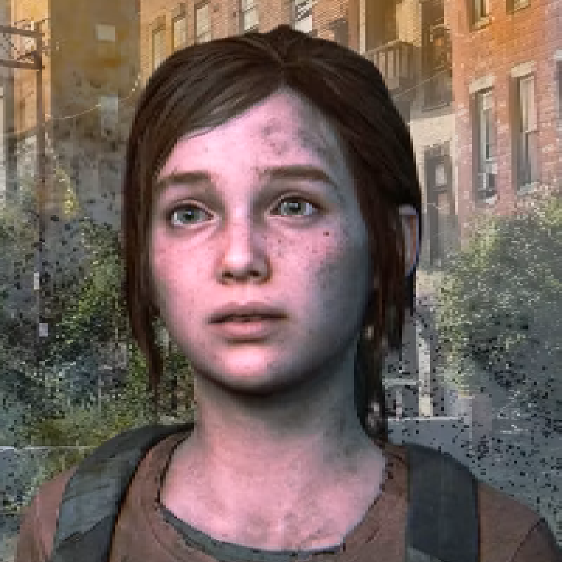 Close-up of Ellie from The Last of Us—teenage girl with weathered ponytail and determined expression against a ruined city background.